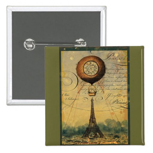Steampunk Eiffel Tower & Hot Air Balloon Pinback Buttons