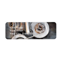 Steampunk nuts and bolts with wire return address label