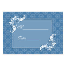 Steel Blue Damask and Floral Frame Place Setting Business Card