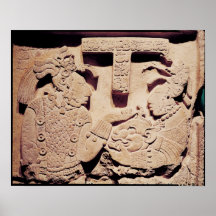 Stela depicting a woman presenting a jaguar mask poster