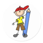 Stick Boy with Pencil Round Sticker