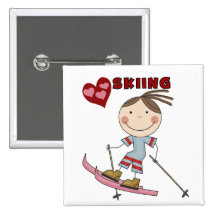 Stick Figure  Girl Skier Tshirts and Gifts Button