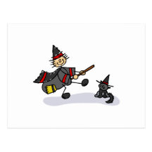 Stick Figure Witch with Cute Cat Post Card