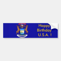 Sticker Flag of Michigan, Happy Birthday U.S.A.! Bumper Sticker