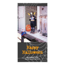 Sticky spider web black orange Halloween greeting photo cards