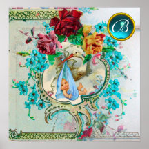 STORK BABY BOY SHOWER Gem Stone Monogram Posters