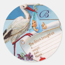 STORK BABY BOY SHOWER MONOGRAM ROUND STICKERS