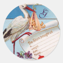 STORK BABY GIRL SHOWER MONOGRAM ROUND STICKER