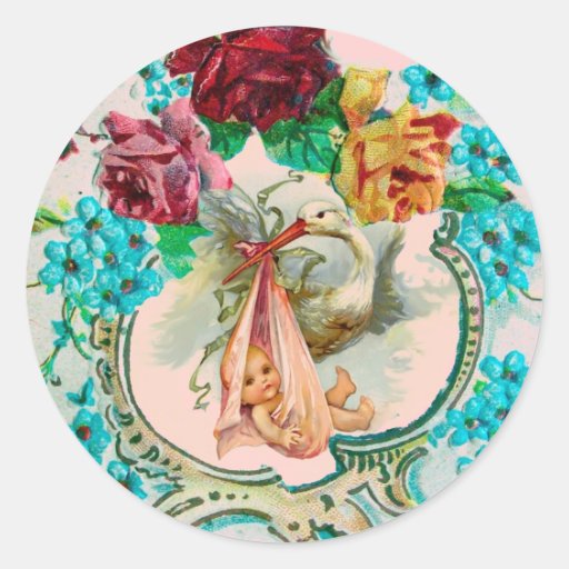 STORK BABY SHOWER 2 ROUND STICKERS