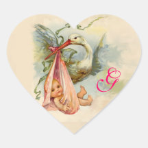 STORK BABY SHOWER  MONOGRAM , HEART STICKERS