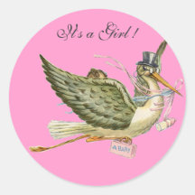 STORK BABY SHOWER  MONOGRAM , ROUND STICKERS