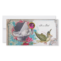 STORK BABY SHOWER MONOGRAM ,ruby,white Photo Card Template