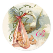 STORK BABY SHOWER  MONOGRAM , ROUND STICKERS