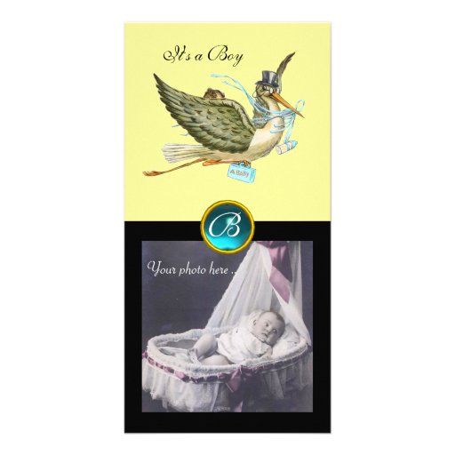 STORK BABY SHOWER SQUARE MONOGRAM ,aquamarine Photo Card Template