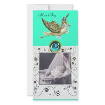 STORK BABY SHOWER SWIRLS MONOGRAM aquamarine Custom Photo Card