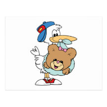 stork delivering baby girl teddy bear postcard