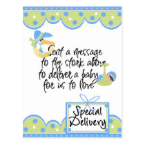 Stork Special Delivery Baby Boy Cards and Stickers postcards
