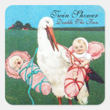 STORK TWIN BABY GIRL SHOWER STICKER