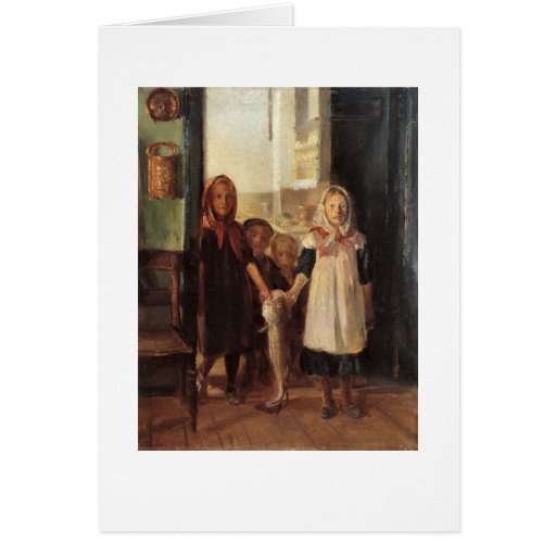 Strange art little girl with a cod fish painting greeting card
