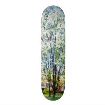 Street With White Flowering Trees Skate Deck