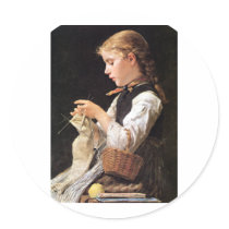 Strickendes Mädchen Knitting Girl Round Stickers