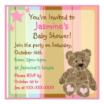 Striped baby girl teddy bear shower invitations