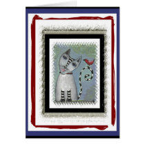 Striped Cat & Red Bird - blue/red version