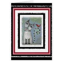 Striped Cat & Red Bird - funky feline card