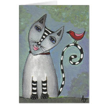 Striped Cat & Red Bird - Greeting Card