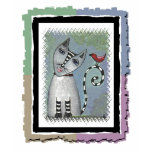 Striped Cat & Red Bird - ladies t-shirt