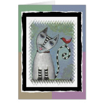 Striped cat & Red Bird - pastels version / card