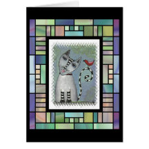 Striped Cat & Red Bird -stained glass version card