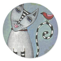 Striped Cat & Red Bird - sticker