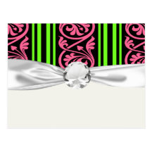 stripes and damask lime green hot pink post cards