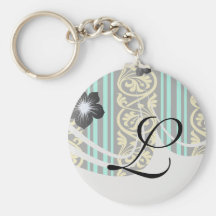 stripes and damask yellow aqua blue key chains