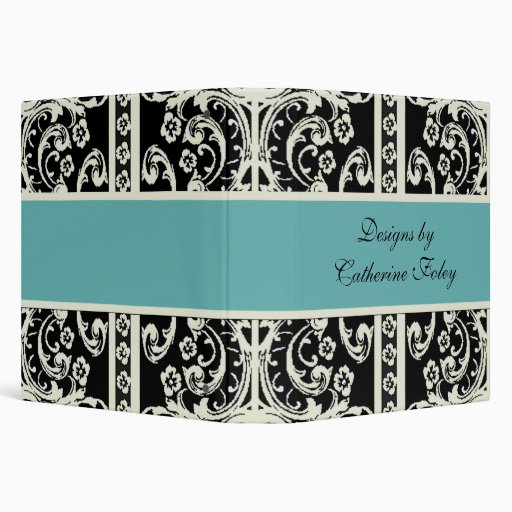 Stylish Black, Cream, and Aquamarine Damask Binder