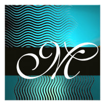 STYLISH WAVES MONOGRAM,aqua blue turquase,sapphire Personalized Announcement