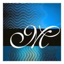 STYLISH WAVES MONOGRAM, blue sapphire Personalized Announcements