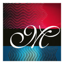 STYLISH WAVES MONOGRAM,Blue Sapphire,Red Burgundy Personalized Invitation