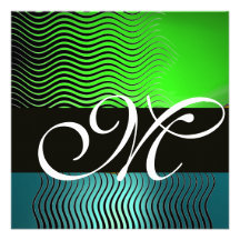 STYLISH WAVES MONOGRAM,blue turquase emerald green Personalized Invitations