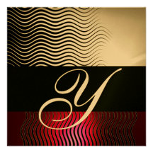 STYLISH WAVES MONOGRAM, Gold Red Ruby Burgundy Invites
