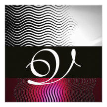 STYLISH WAVES MONOGRAM,White Red Ruby Burgundy Invitations