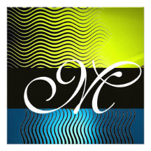 STYLISH WAVES MONOGRAM, yellow blue sapphire Invitations