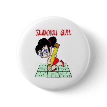 Sudoku Girl Black Hair Button