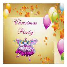 Sugar Plum Fairy & Balloons Gold Christmas Party Invites