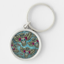 Sugar skull owl pattern in blue pink and yellow. key chain