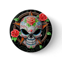 Sugar Skull Star, black Pinback Buttons