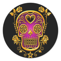 Sugar Skull with Roses, yellow and purple Sticker