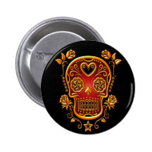 Sugar Skull with Roses, yellow and red Pinback Button