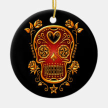 Sugar Skull with Roses, yellow and red Christmas Tree Ornament
